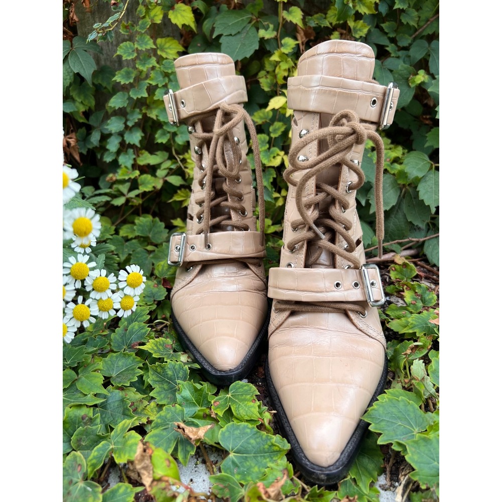 CHLOE Rylee Beige Croc-Embossed Leather Cutout Lace-Up Ankle Boots 9US LNWOT